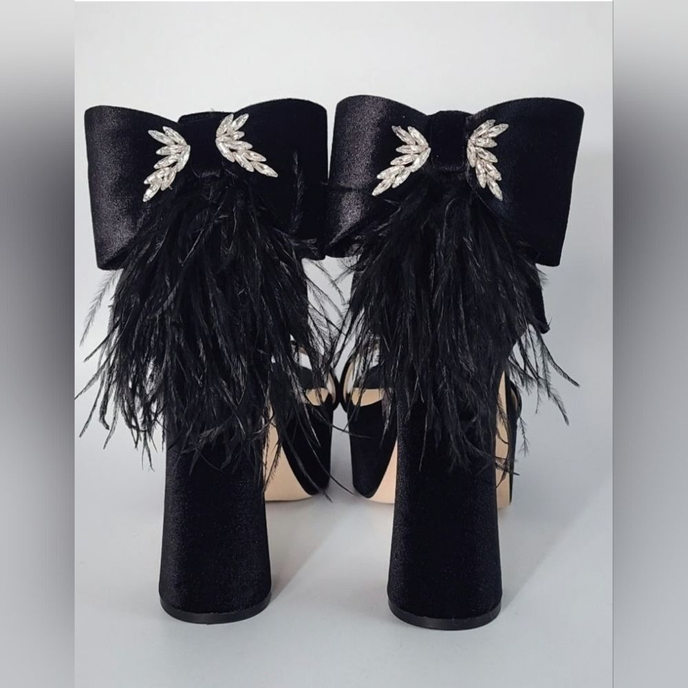 NEW Antonio Melani Black Velour Rhinestone Wings Feathered Platforms 7.5 8.5 9.5